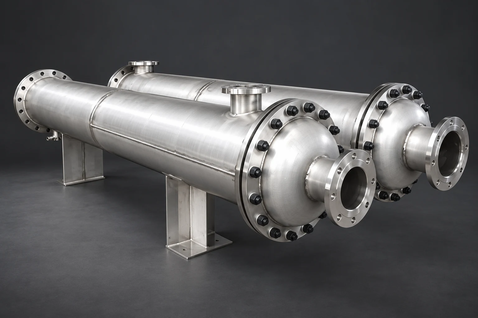 Fixed-tube-sheet exchanger on a dark studio background