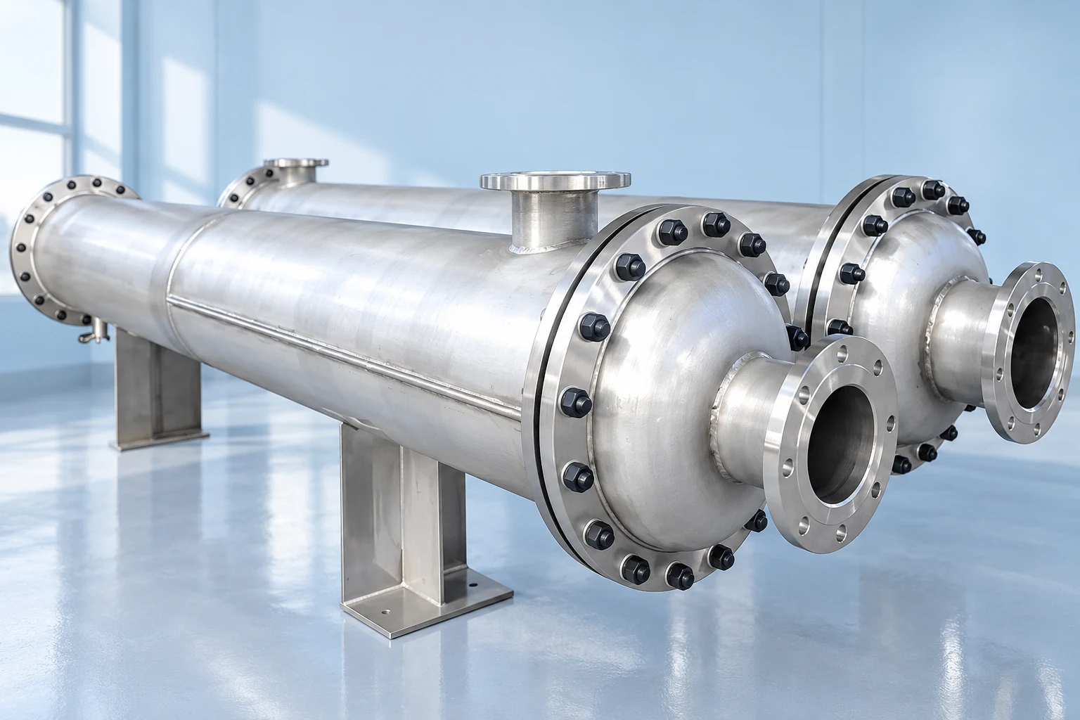 Fixed-tube-sheet exchanger with top connections in a bright inspection room
