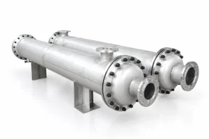 Fixed-tube-sheet exchanger with two round end heads on a white floor