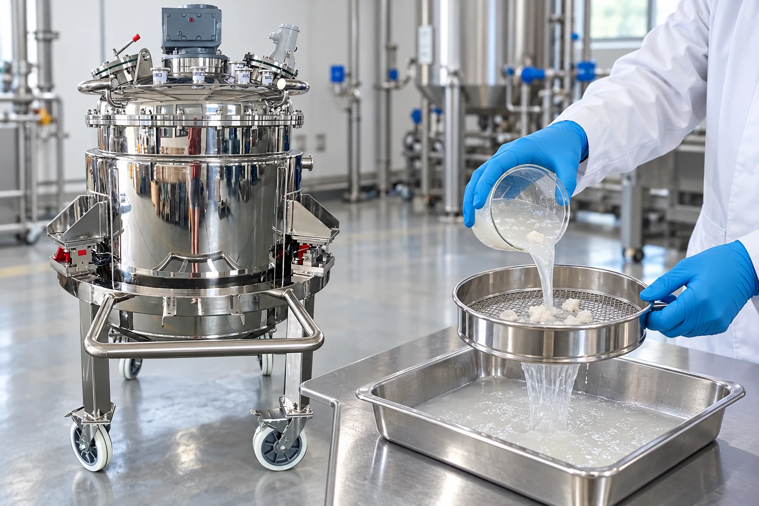 Examining retained powder agglomerates in a bench sieve check Examining retained powder agglomerates in a bench sieve check