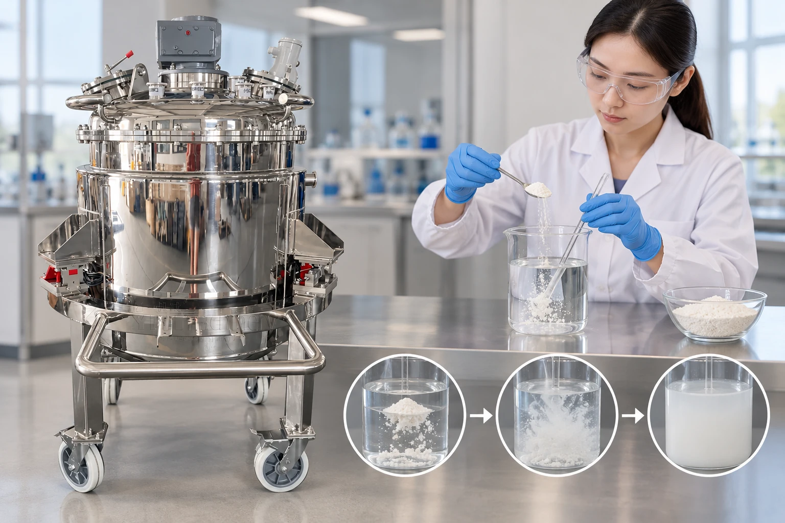 Small water-based powder wetting trial before production sequence development