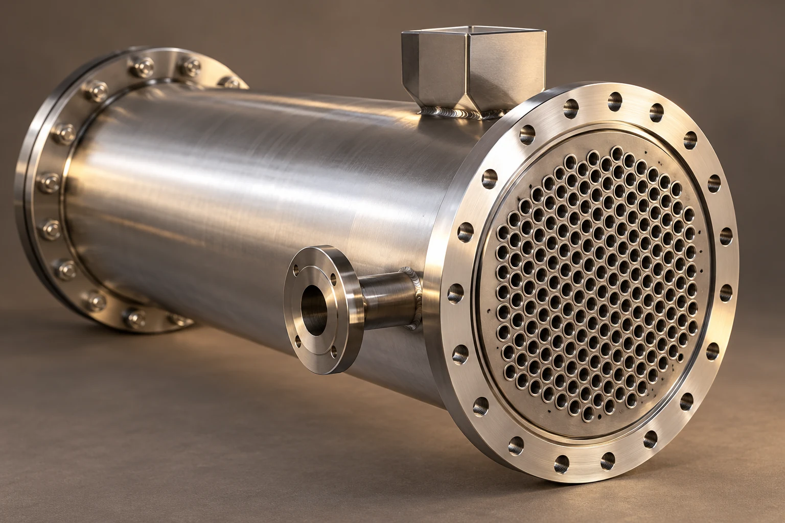 Exposed stainless tube sheet and cylindrical exchanger shell in warm side light