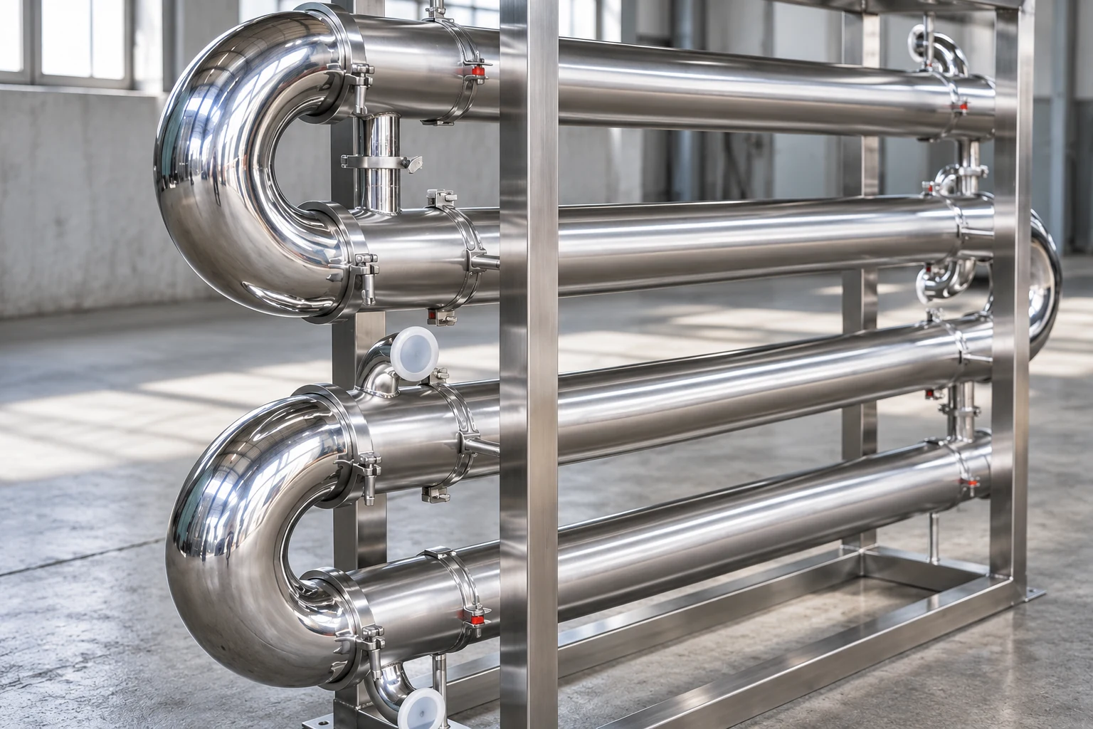 Close view of sanitary exchanger return bends and stacked tubes