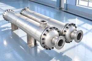 Horizontal stainless exchanger in a pale blue sunlit inspection bay