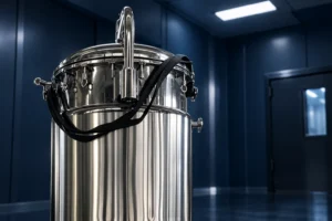 Close view of fermenter top fittings in an inspection room