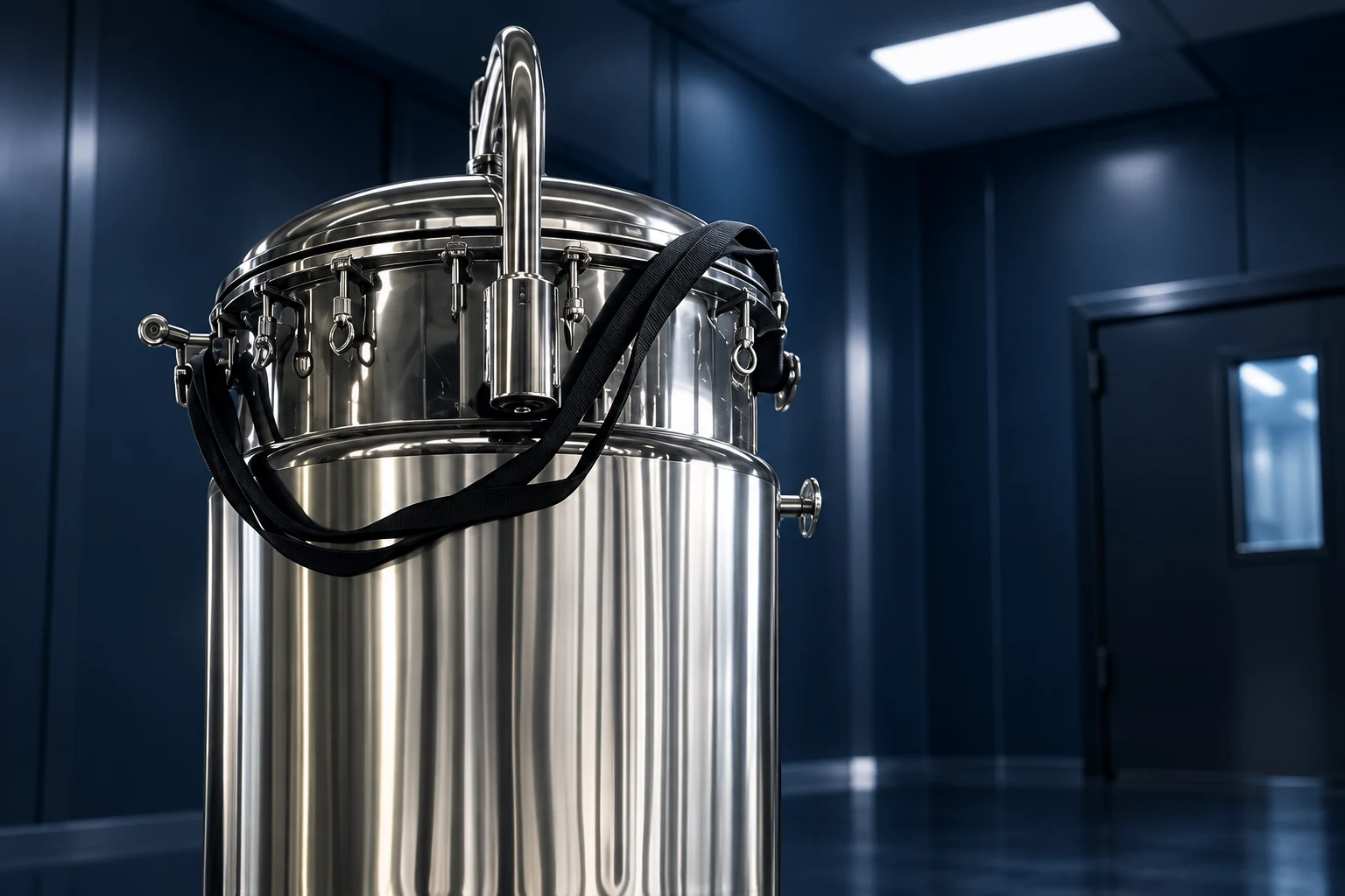 Close view of fermenter top fittings in an inspection room