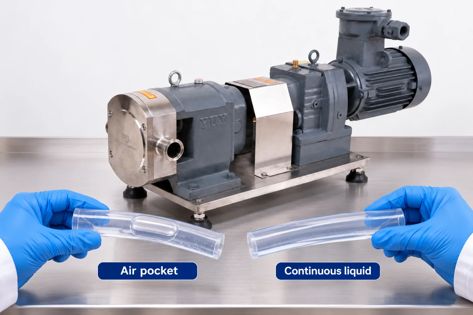 Comparing water-filled and air-containing hose samples before pump startup Comparing water-filled and air-containing hose samples before pump startup