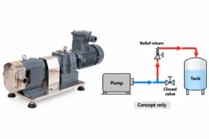 Conceptual blocked-discharge protection route alongside the reference rotary lobe pump