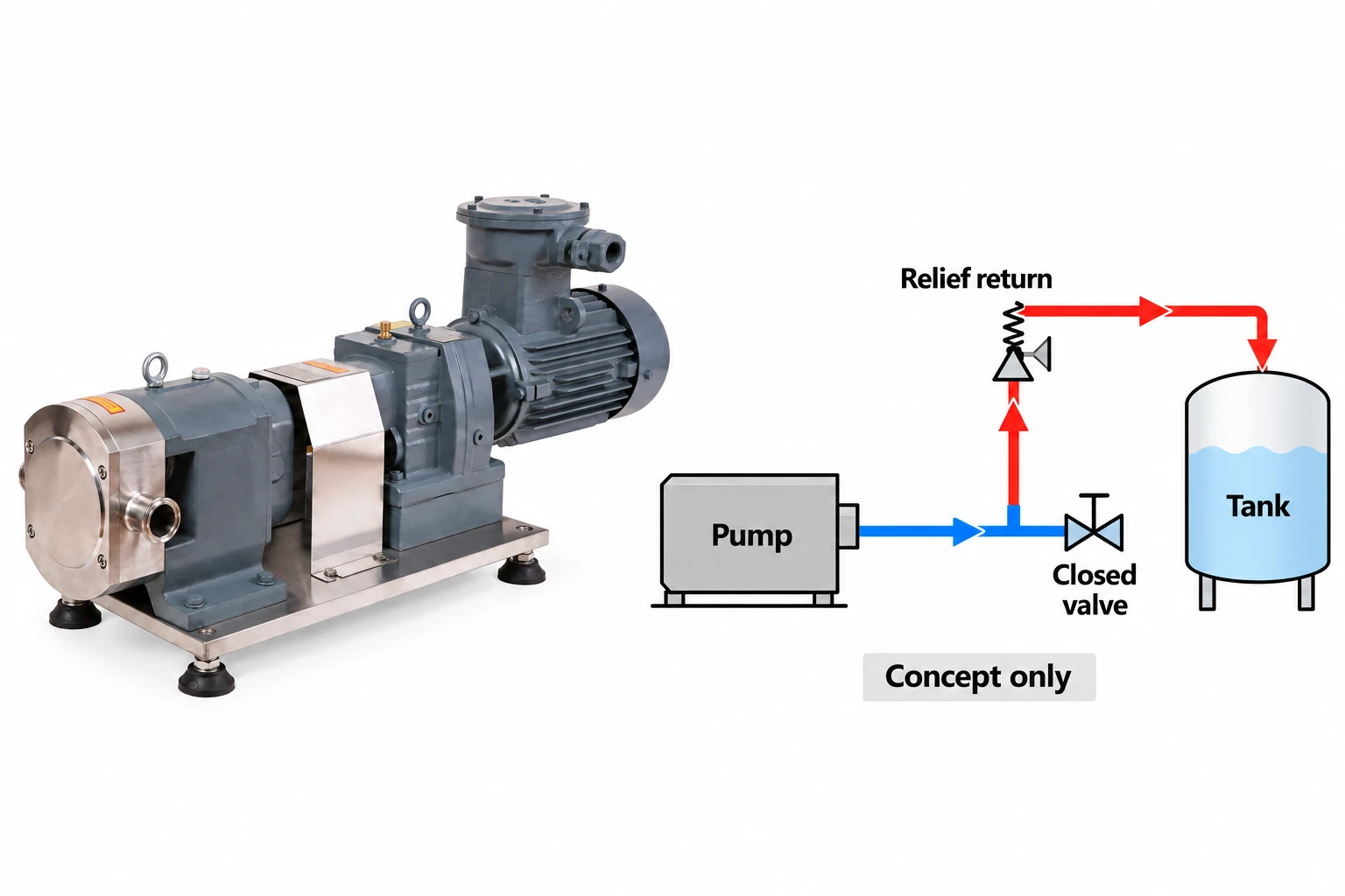 Conceptual blocked-discharge protection route alongside the reference rotary lobe pump