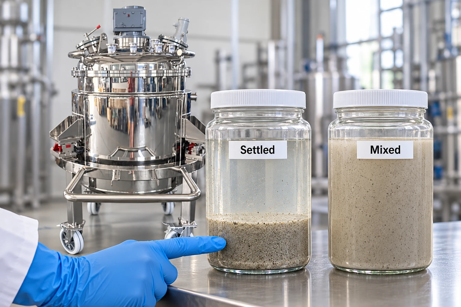 Inspecting settled solids and liquid separation in retained demonstration samples Inspecting settled solids and liquid separation in retained demonstration samples