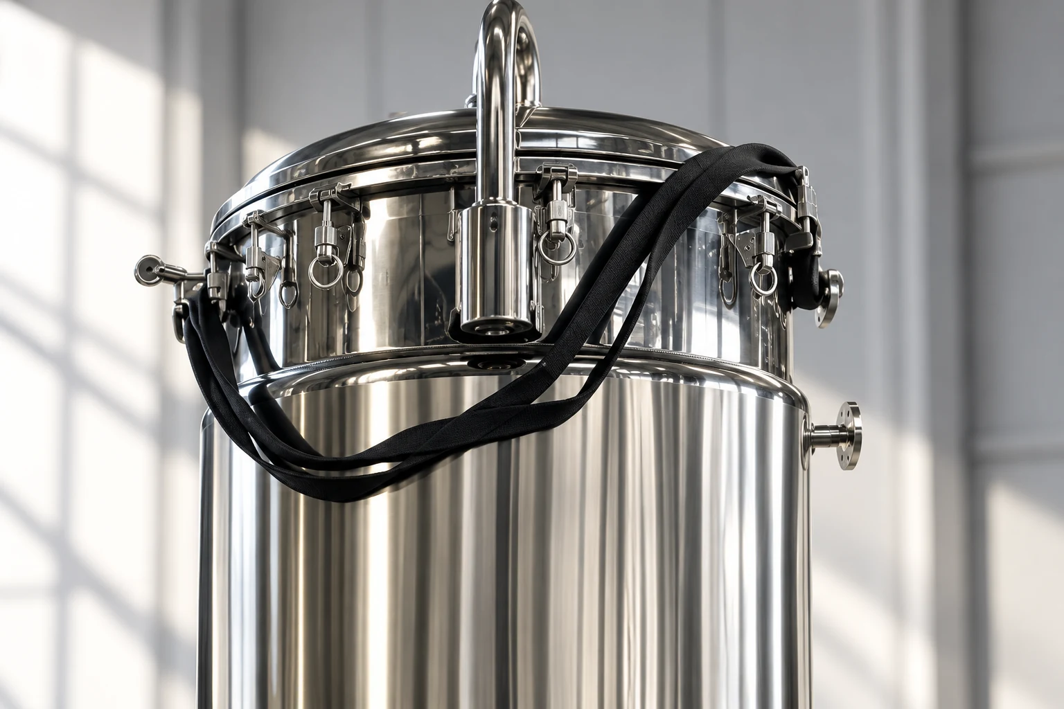Close view of fermenter top fittings and polished shell