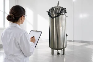 Inspector with a checklist beside a stainless steel fermenter