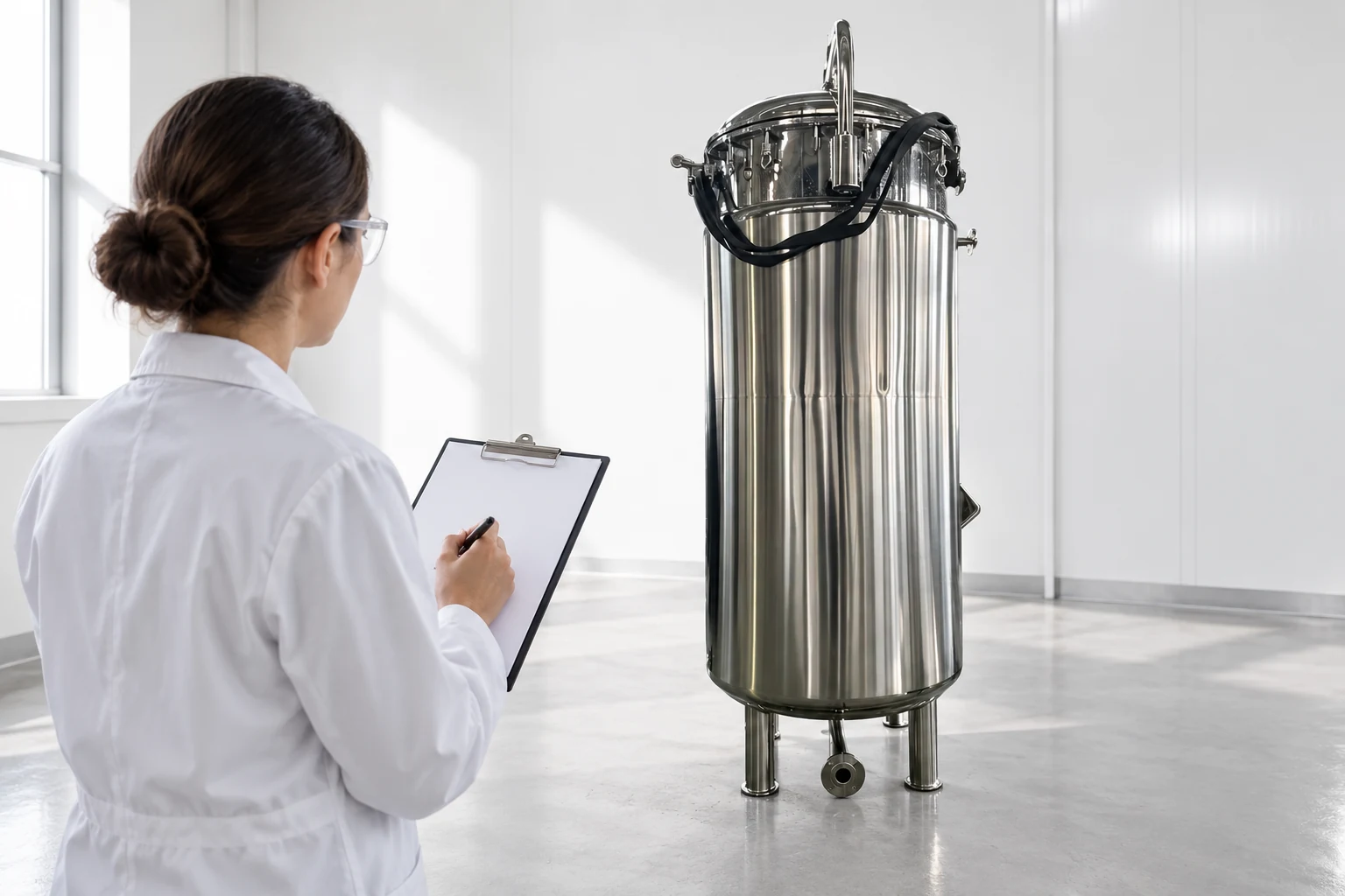 Inspector with a checklist beside a stainless steel fermenter
