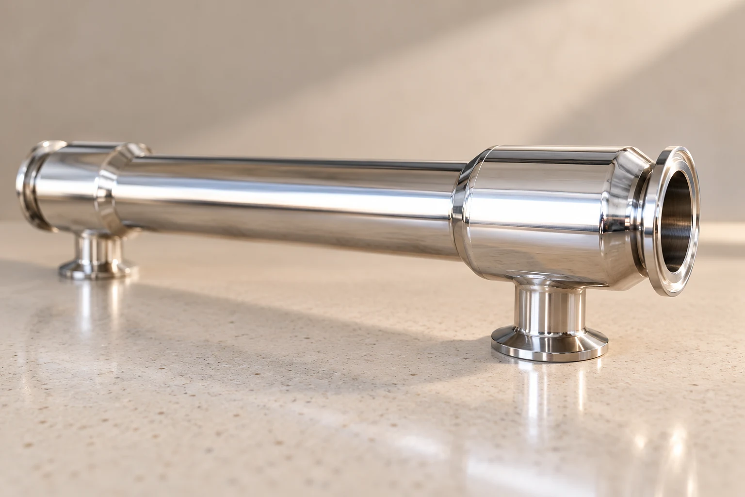 Side view of sanitary exchanger end transition and downward ferrule