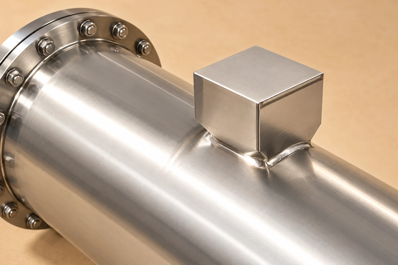 Square top connection on a curved stainless exchanger shell