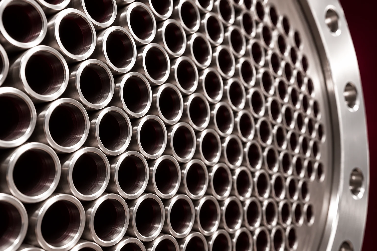 Close crop of exchanger tube mouths and curved flange edge