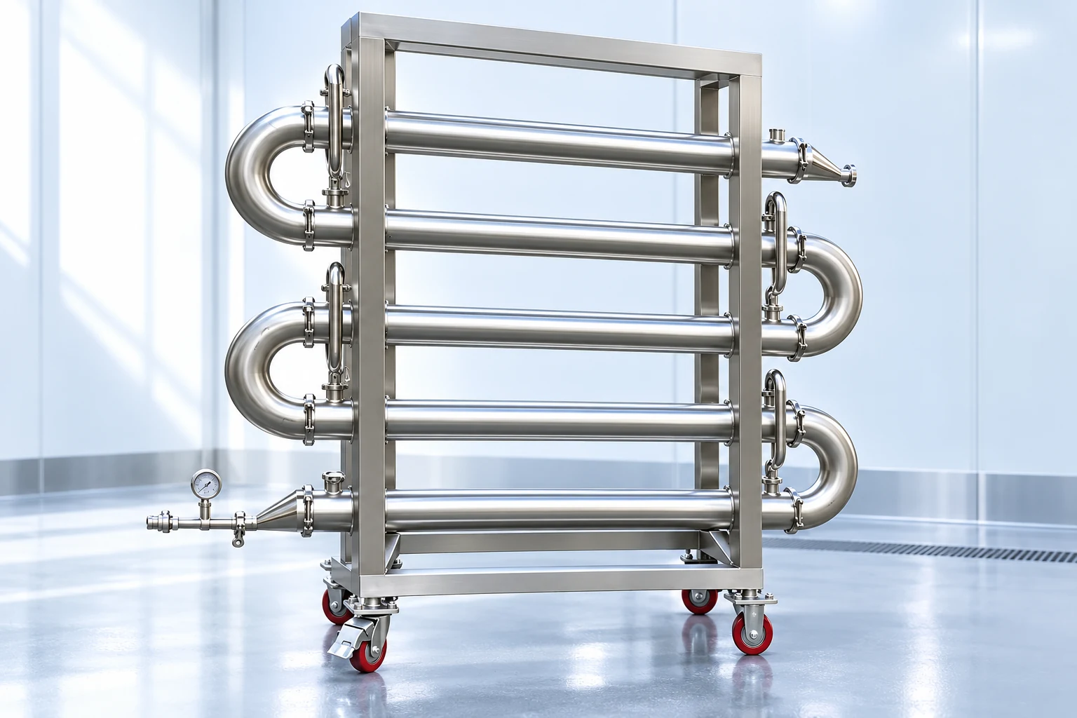 Four-pass sanitary exchanger rack with alternating return bends