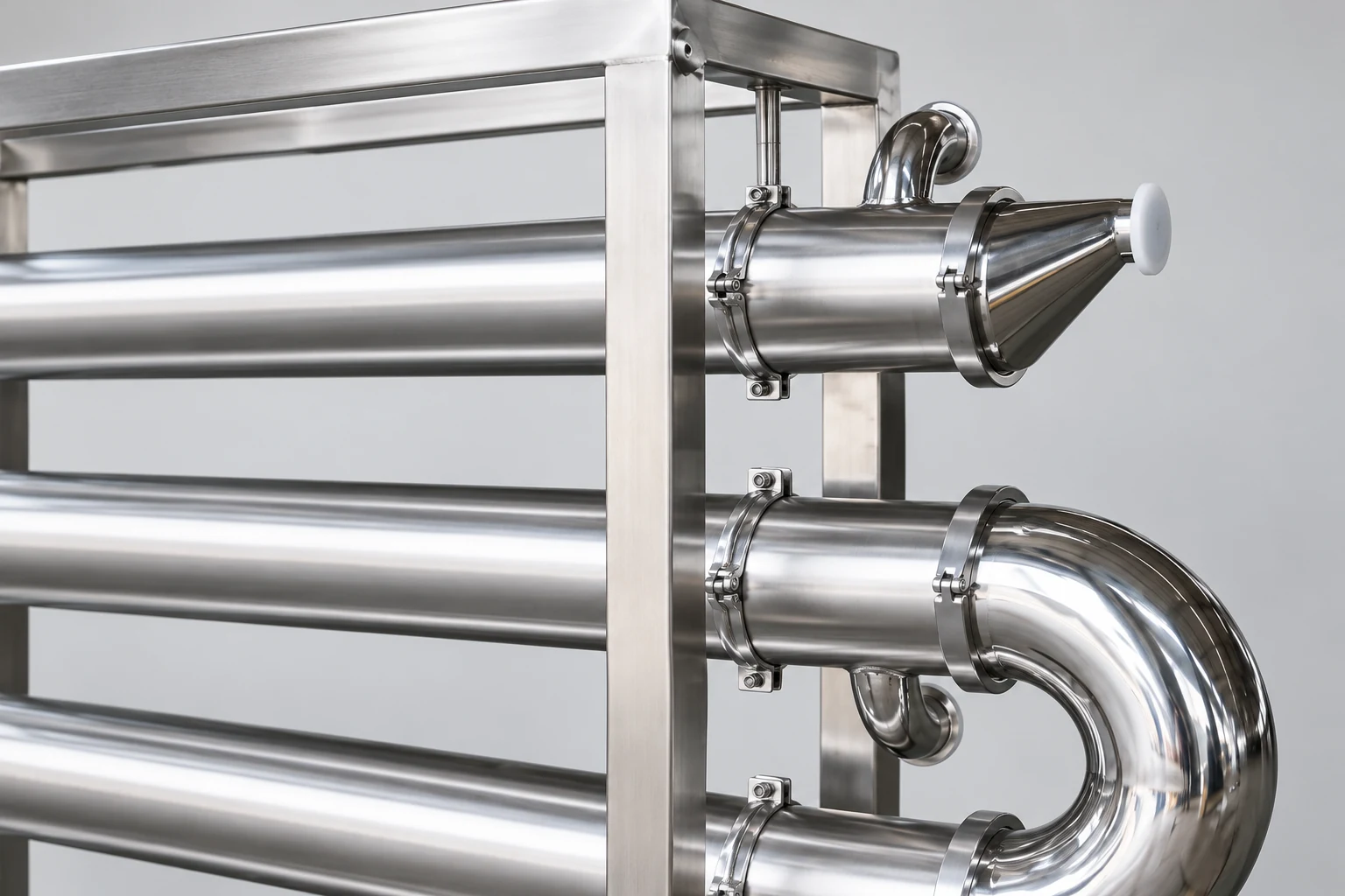 Sanitary conical port and adjacent return bend in the upper frame