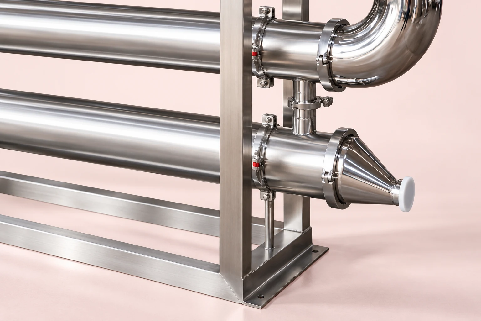 Lower sanitary conical port and return bend beside the supporting frame