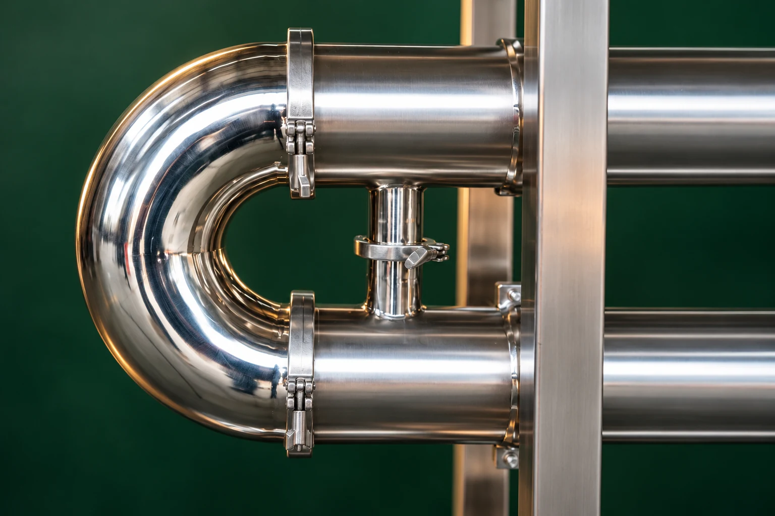 Close view of a sanitary U-return and real clamp joints against a green background