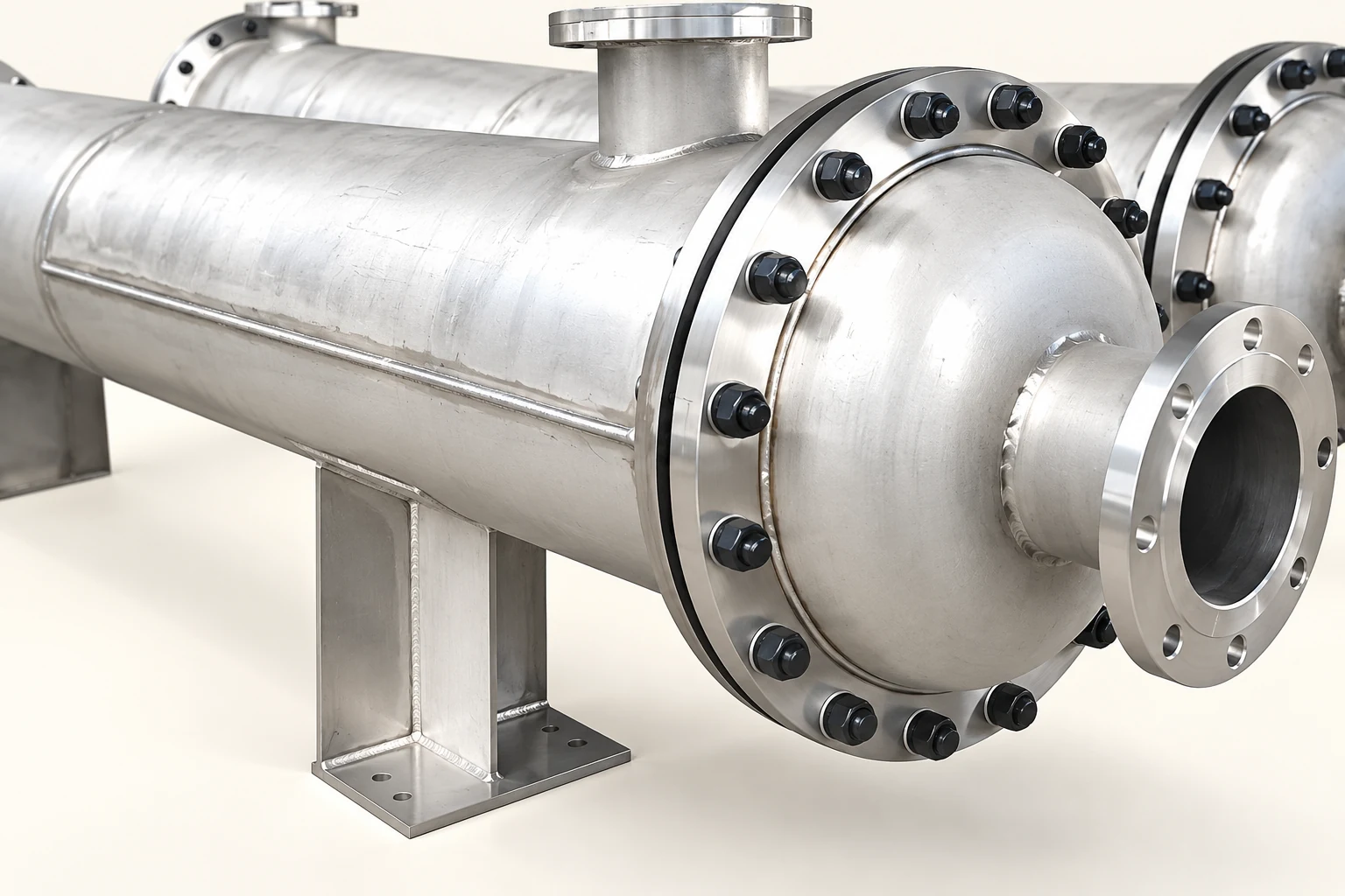 Saddle support and bolted end head of a fixed-tubesheet exchanger