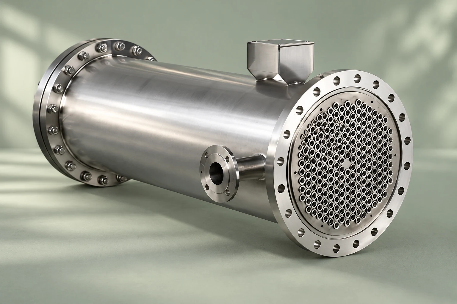 Exposed tube face and cylindrical shell against a sage background