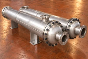 Two fixed-tubesheet exchangers on a terracotta inspection floor