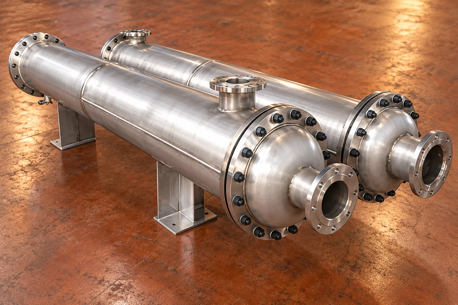 Two fixed-tubesheet exchangers on a terracotta inspection floor