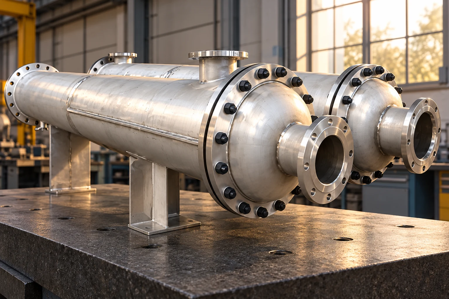 Fixed-tubesheet exchanger supports and bolted heads on an inspection bench