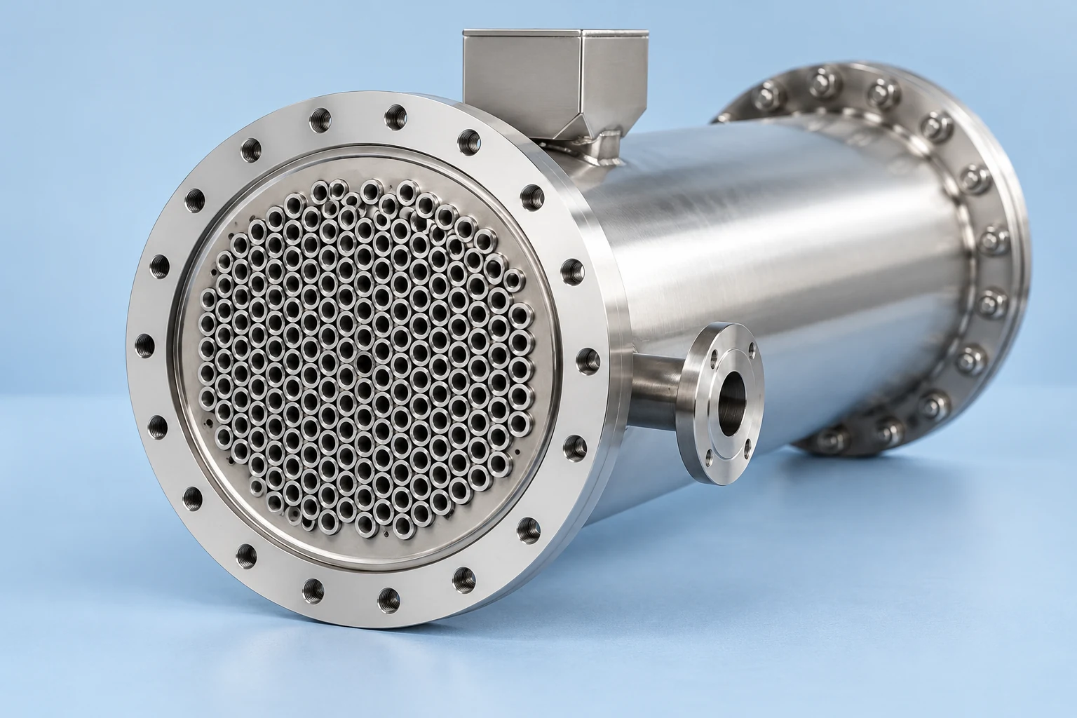 Exposed tube face with cylindrical shell on a pale blue tabletop
