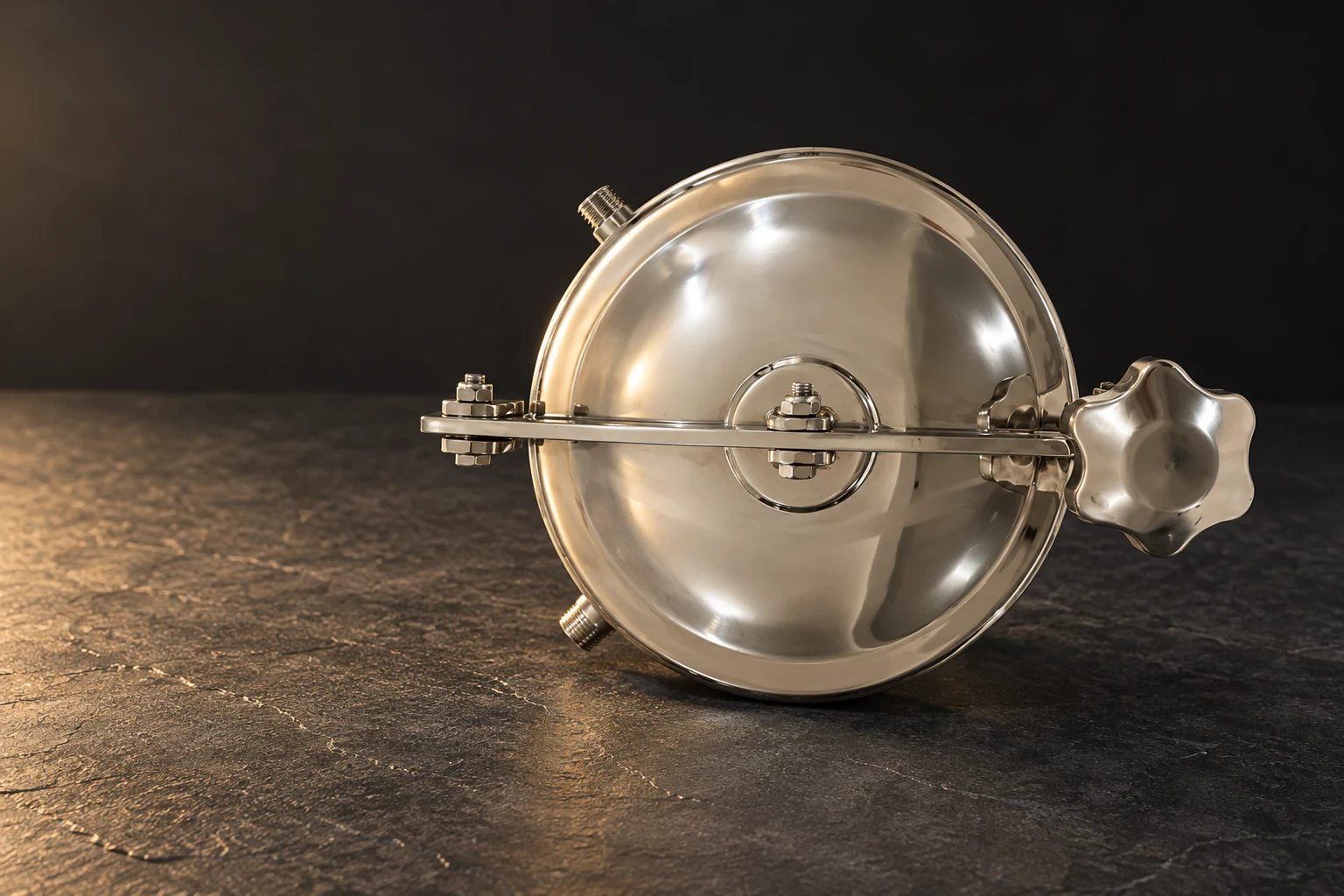 Round stainless tank access cover with crossbar and star-shaped tightening handle