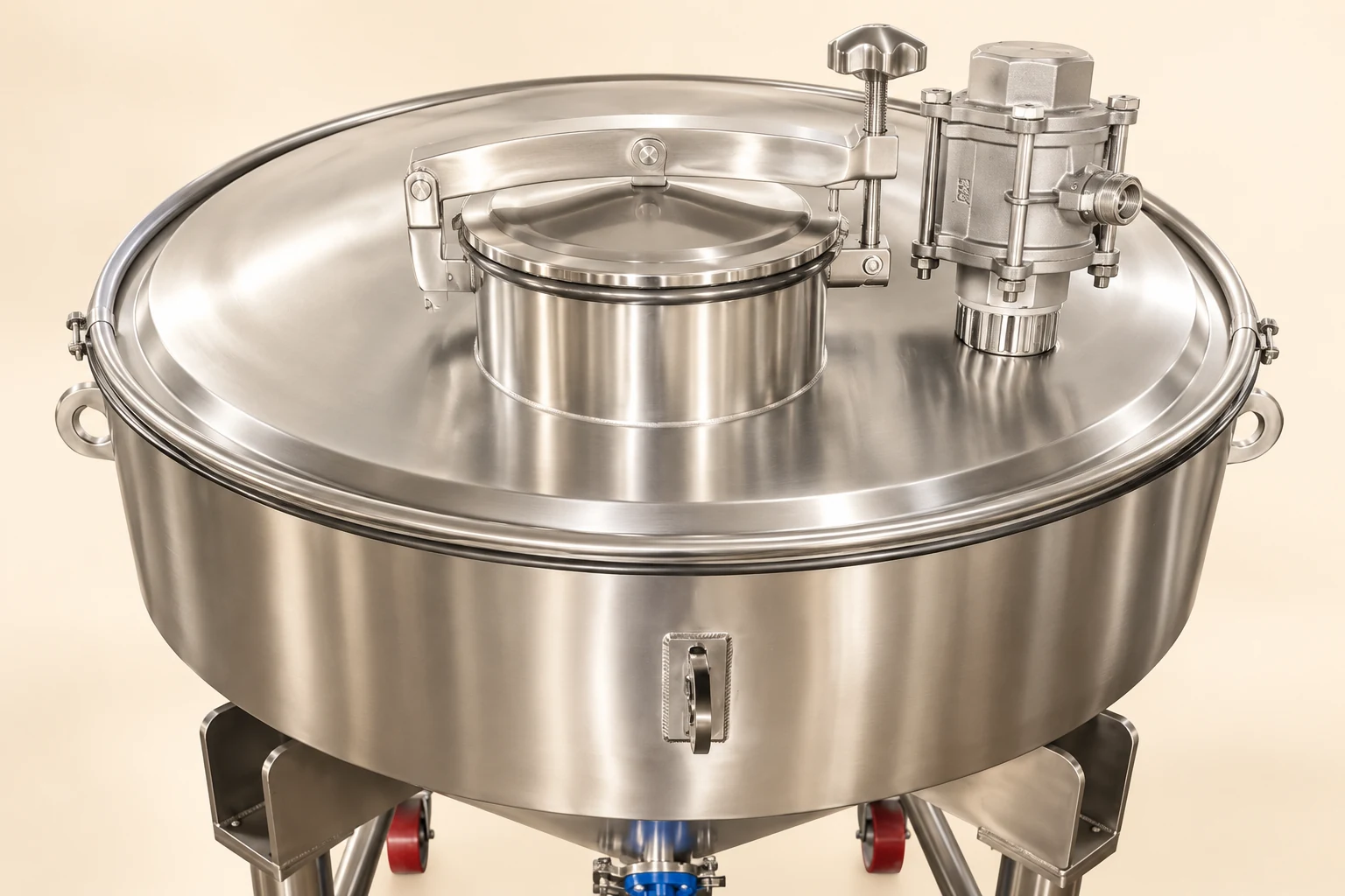 Stainless process-silo lid and access connections viewed from above