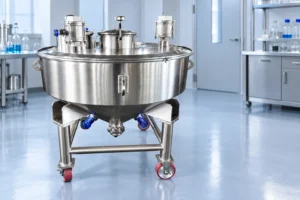 Compact stainless process silo with conical bottom, support frame and casters