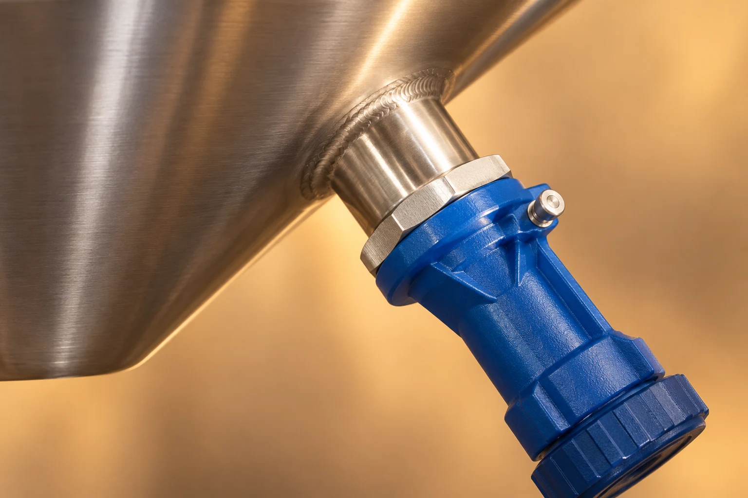 Blue side fitting and welded connection on a stainless conical vessel