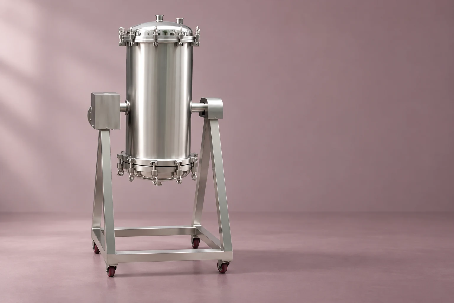 Upright filter housing and service frame on a mauve floor