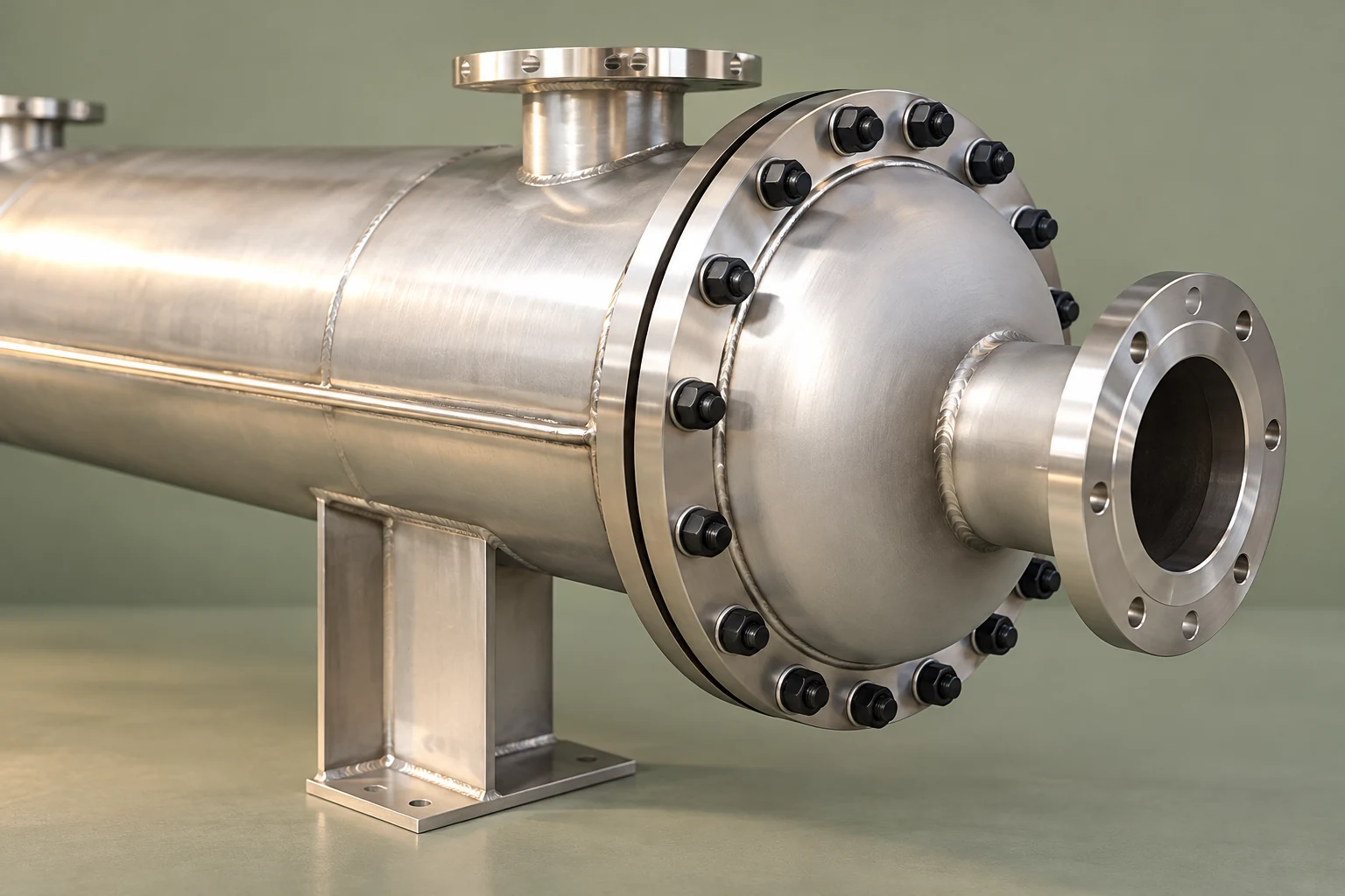 Bolted exchanger end head, process nozzle and saddle attachment