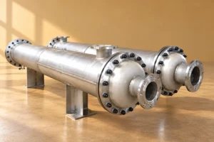Two stainless fixed-tubesheet exchangers in warm inspection light