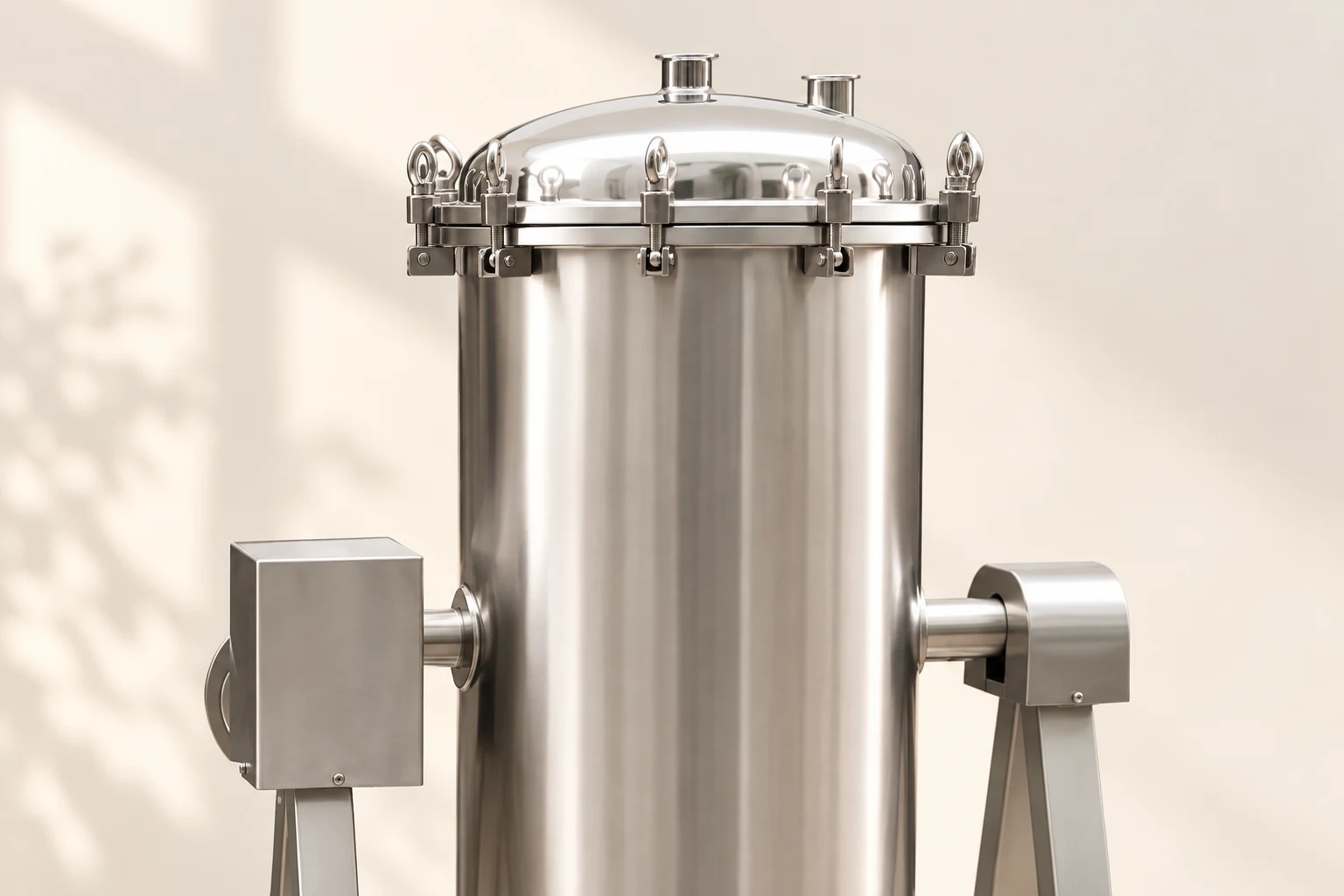 Upper filter housing and lid closure clamps
