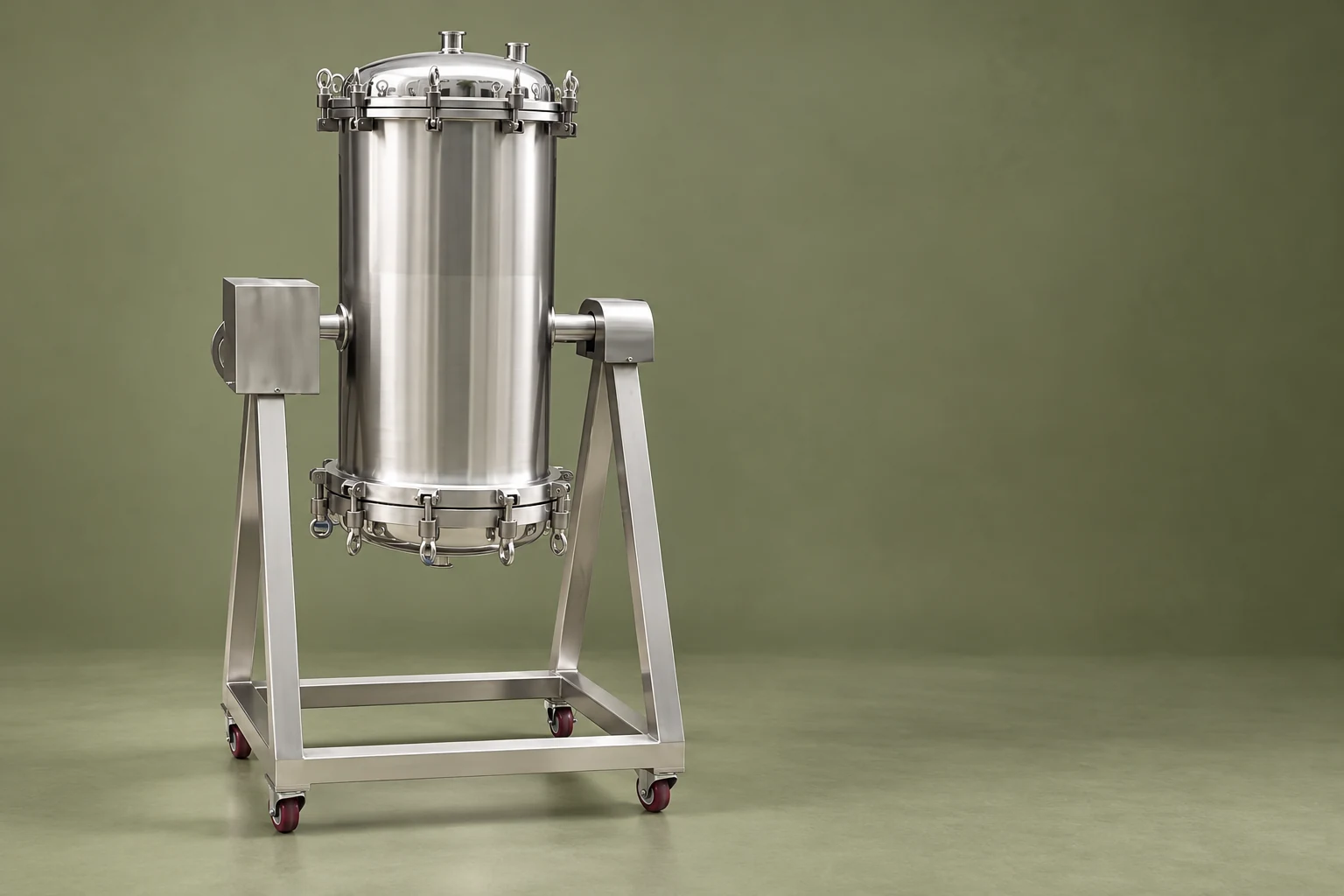 Upright reusable-element filter housing and support frame