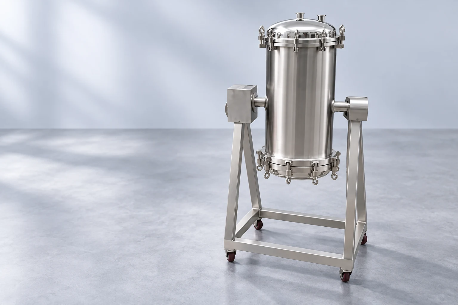 Titanium-rod filter housing and wheeled frame on a slate floor