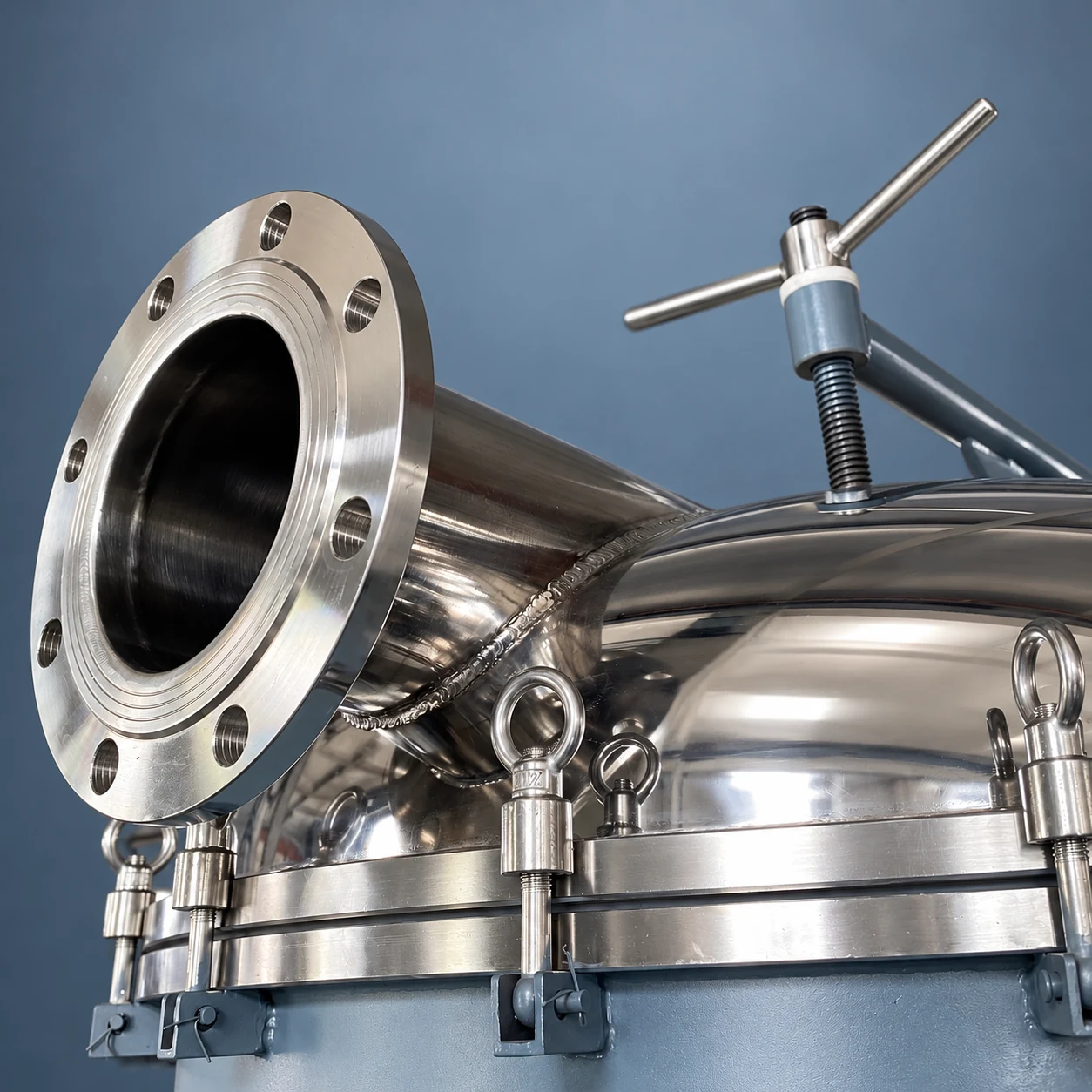 Flanged connection on the actual dust collector top dome