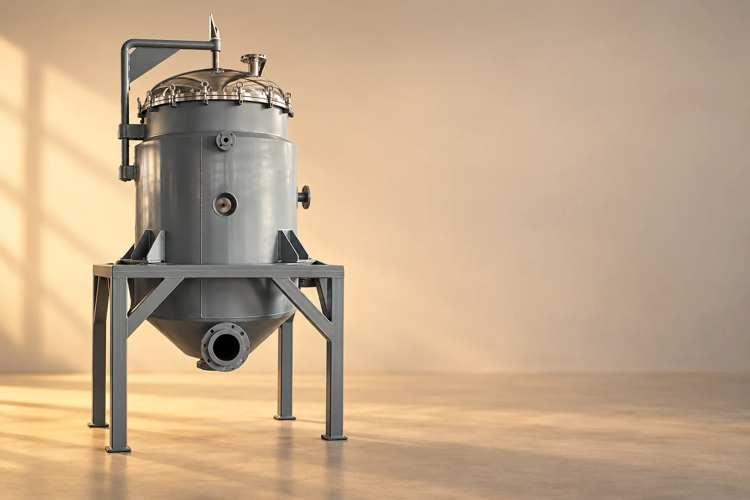 Gray dust collector housing with conical base and support frame