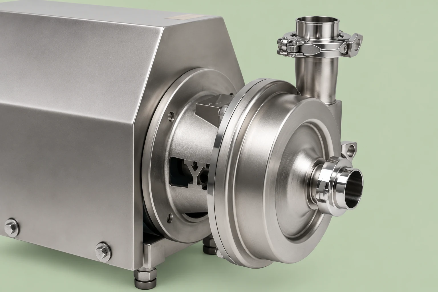 Vertical discharge connection and clamp on a CIP return pump