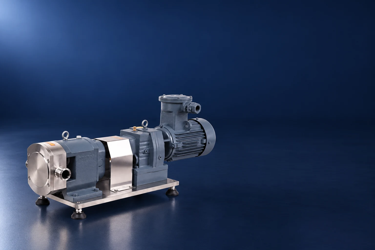 Rotary lobe pump assembly on a navy studio floor