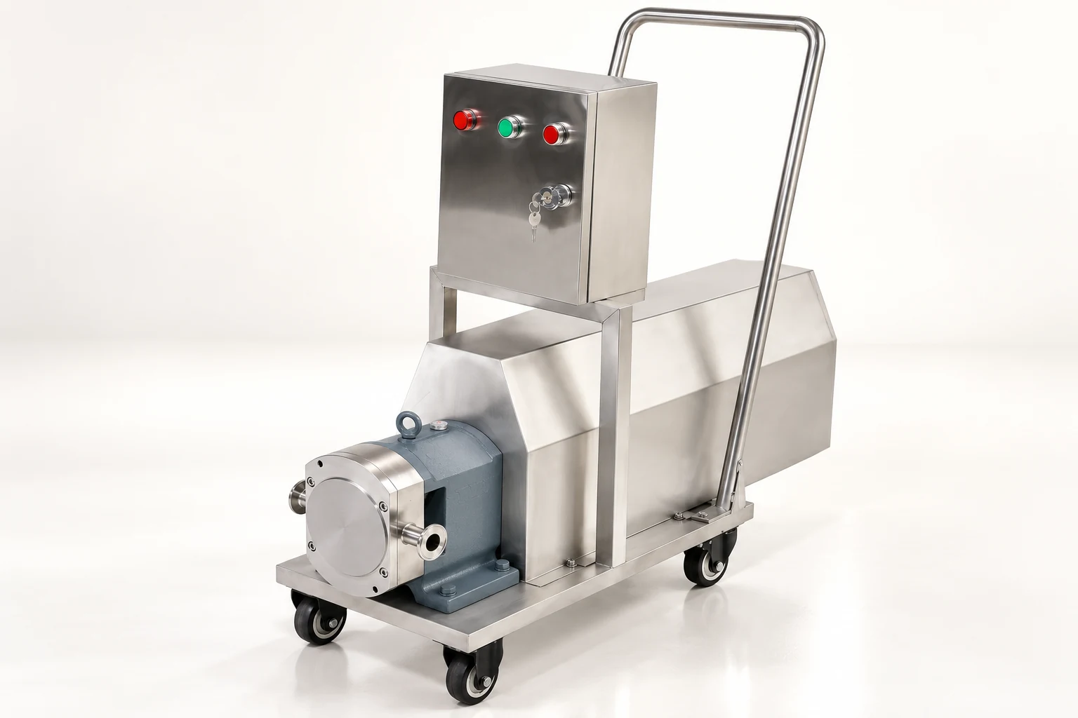 Mobile rotary lobe pump with control panel and trolley