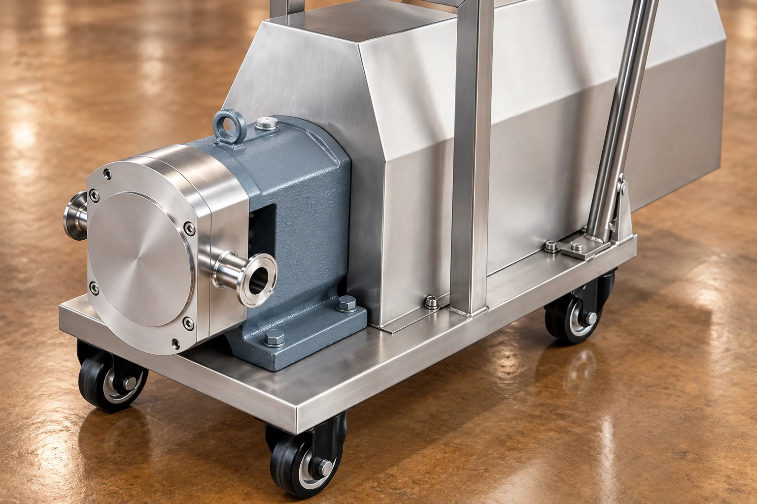 Mobile pump base, front housing and trolley wheels