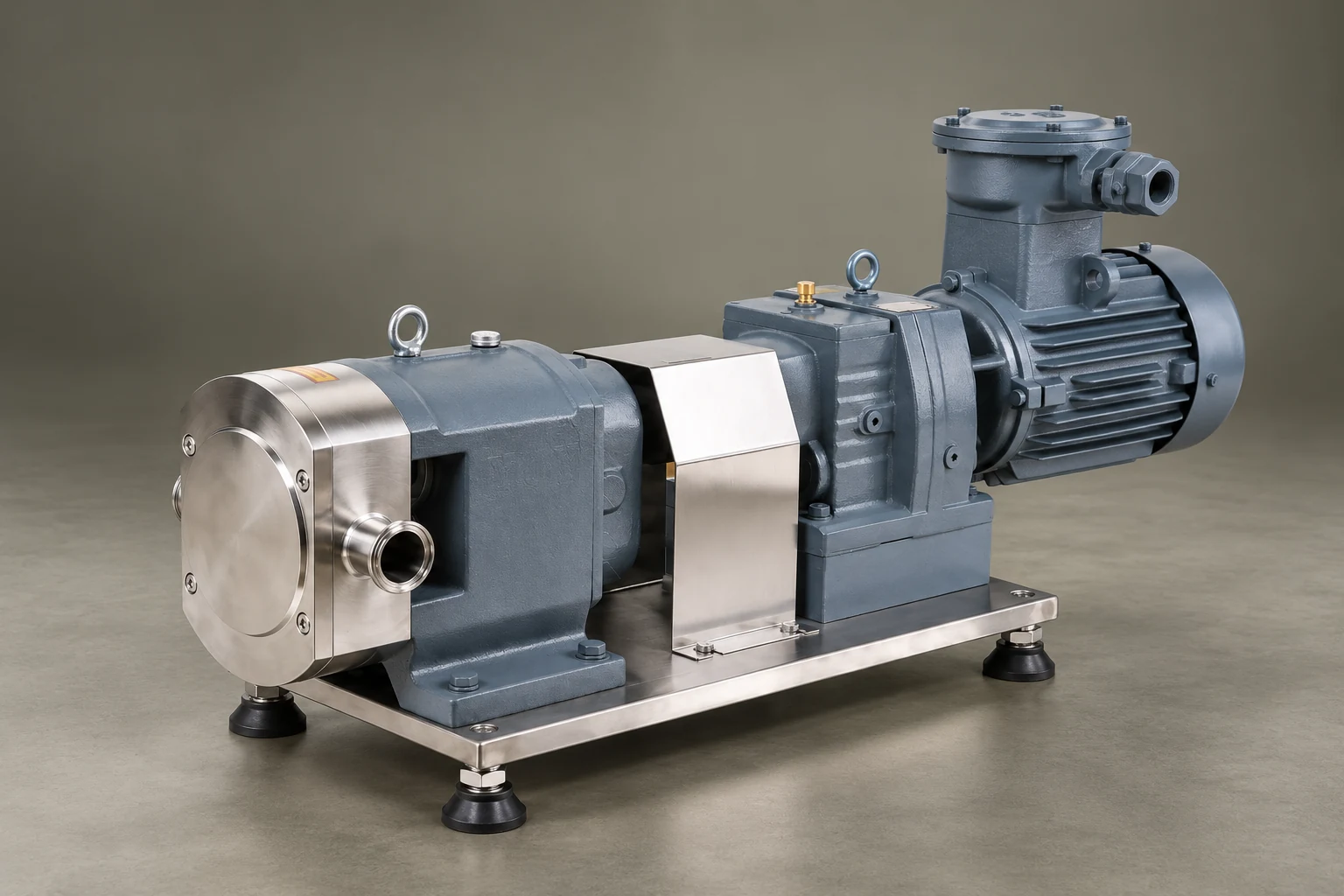 Rotary lobe pump and drive assembly on an olive floor