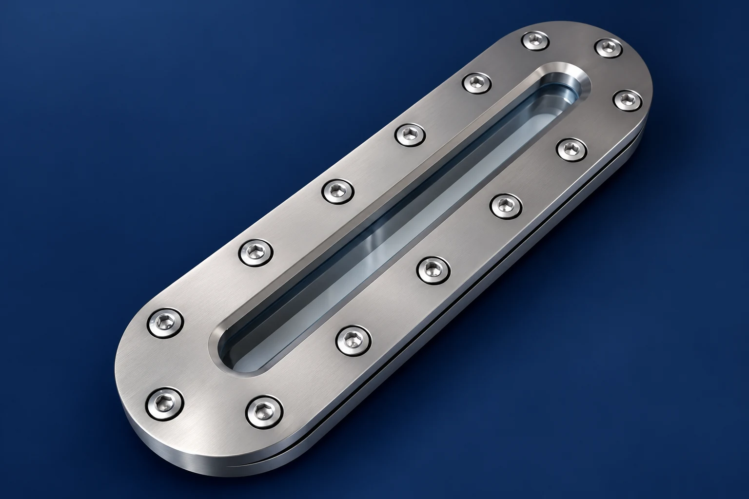 Elongated glass level window with perimeter bolts