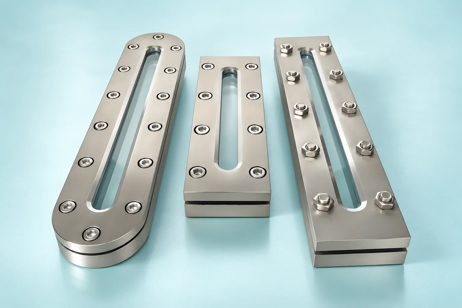 Three elongated bolted viewing-window assemblies