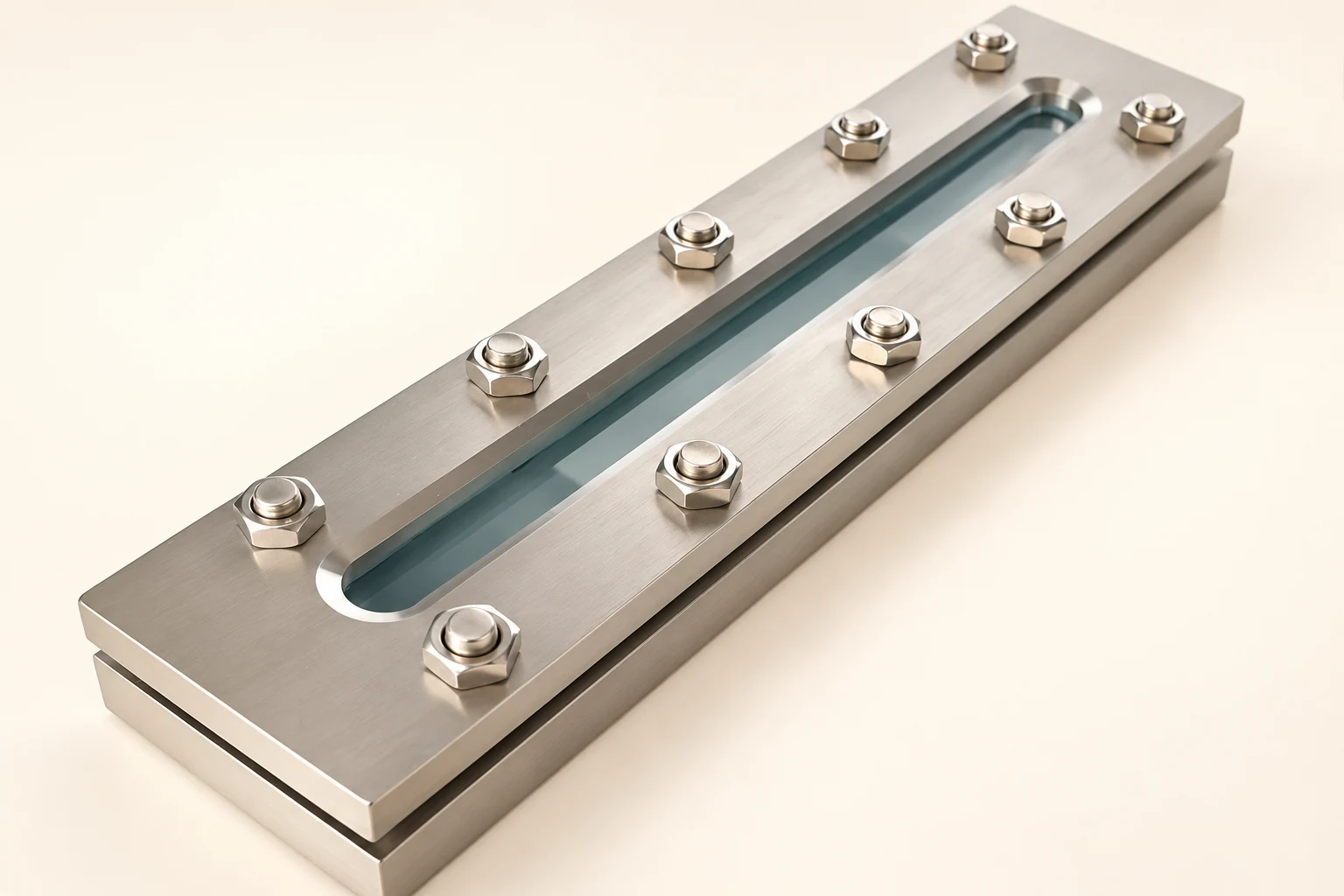 Rectangular viewing window with gasket edge and bolts